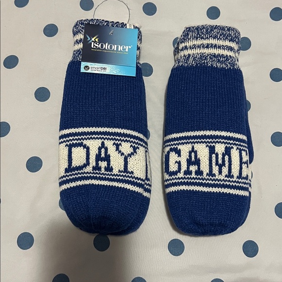 “Game Day” Isotoner Blue and White Knit Mittens - Picture 6 of 10
